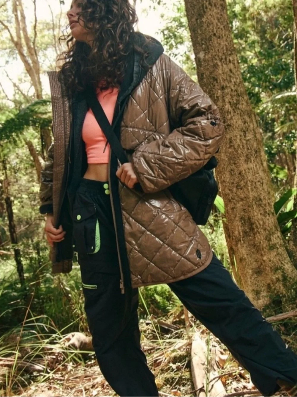 Free People Quilted Hooded Puffer Jacket in Taupe